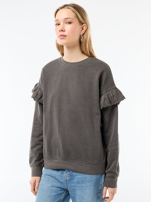 Felpa tinta unita con volant in pizzo inglese sulle maniche - Kiabi