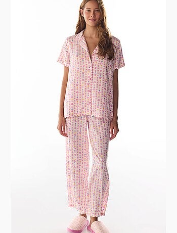 Flora pigiama con camicia e pantaloni stampa floreale, maniche corte penti