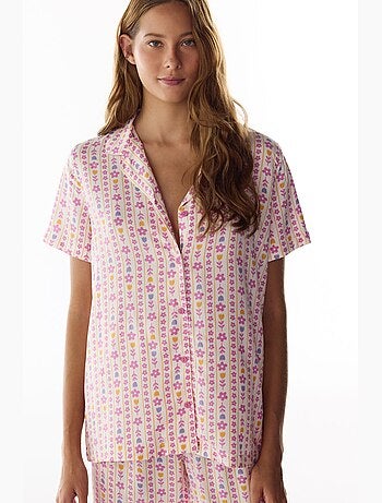 Flora pigiama con camicia e pantaloni stampa floreale, maniche corte penti
