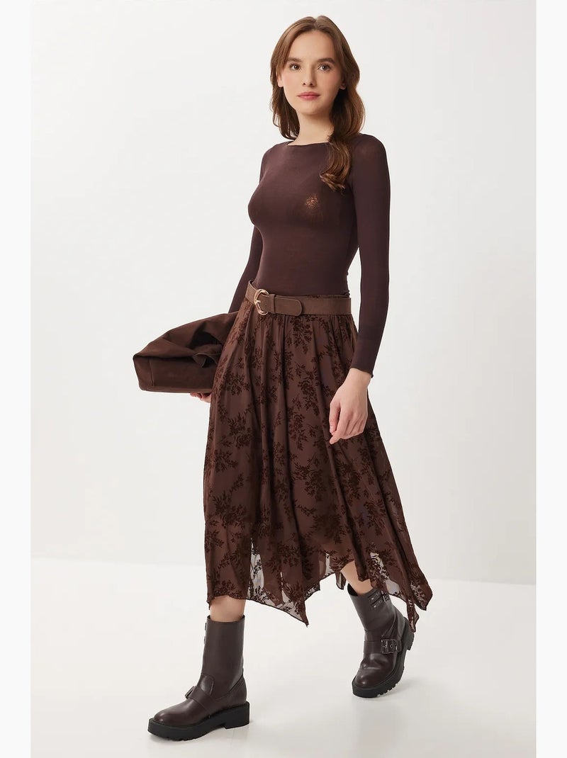 Floral high waist midi a-line skirt with belt istanbul Marrone cioccolato - Kiabi
