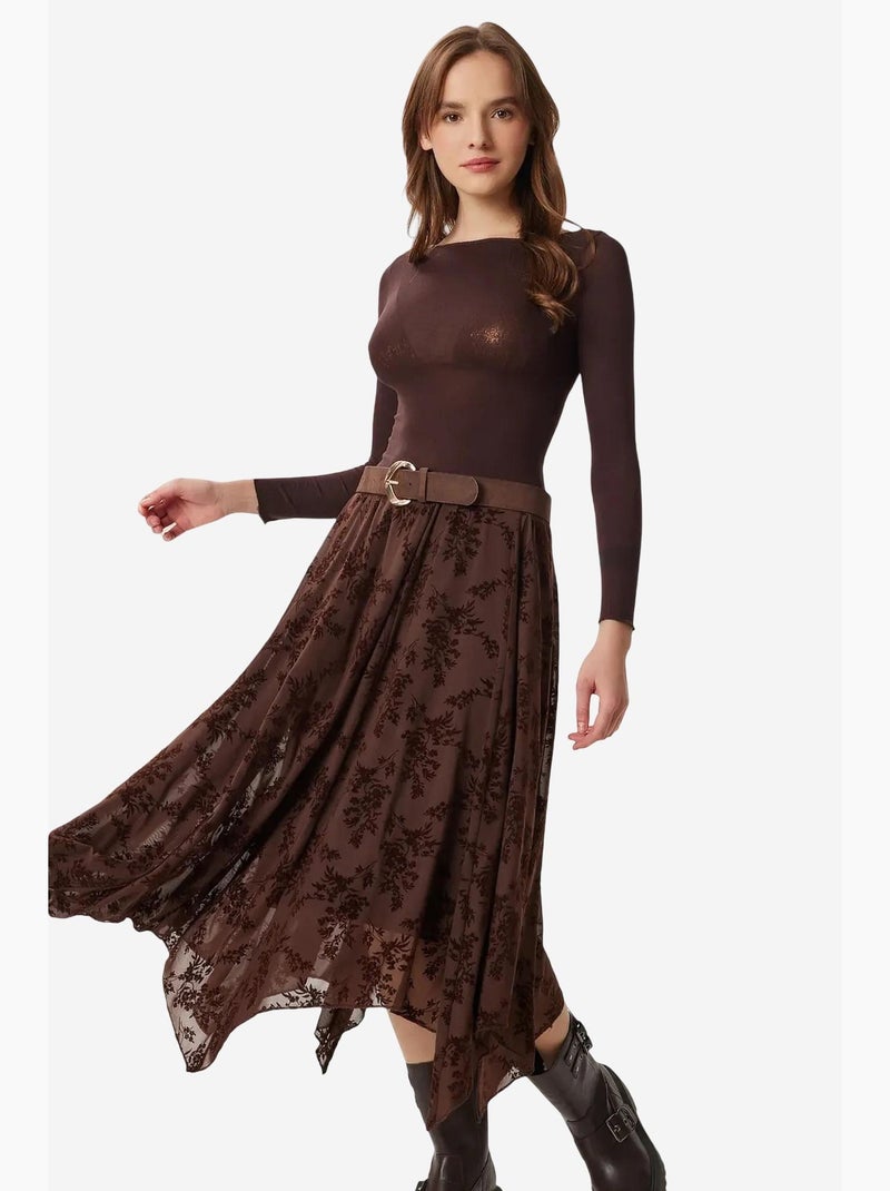 Floral high waist midi a-line skirt with belt istanbul Marrone cioccolato - Kiabi