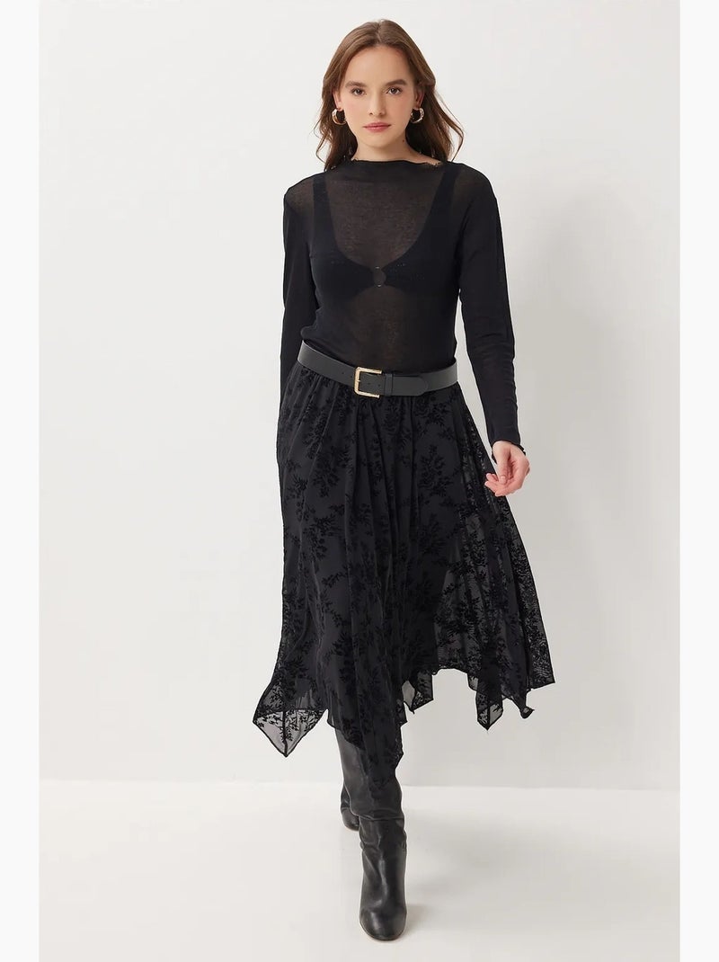 Floral high waist midi a-line skirt with belt istanbul Nero - Kiabi