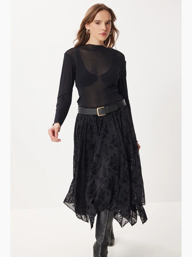 Floral high waist midi a-line skirt with belt istanbul Nero - Kiabi