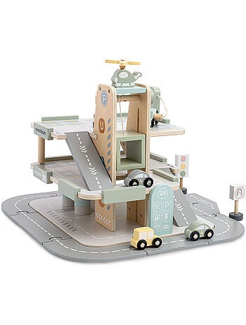 Garage in legno per bambini 3 livelli con auto, elicottero e accessori – Mamabrum