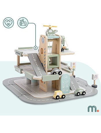 Garage in legno per bambini 3 livelli con auto, elicottero e accessori – Mamabrum