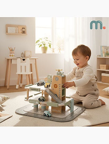 Garage in legno per bambini 3 livelli con auto, elicottero e accessori – Mamabrum