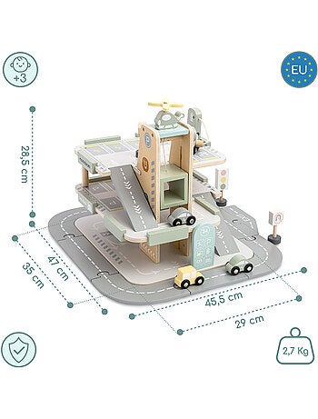 Garage in legno per bambini 3 livelli con auto, elicottero e accessori – Mamabrum
