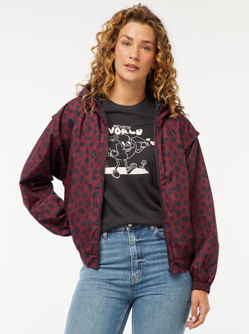 Giacca a vento con cappuccio motivo leopardato Rosso - Kiabi