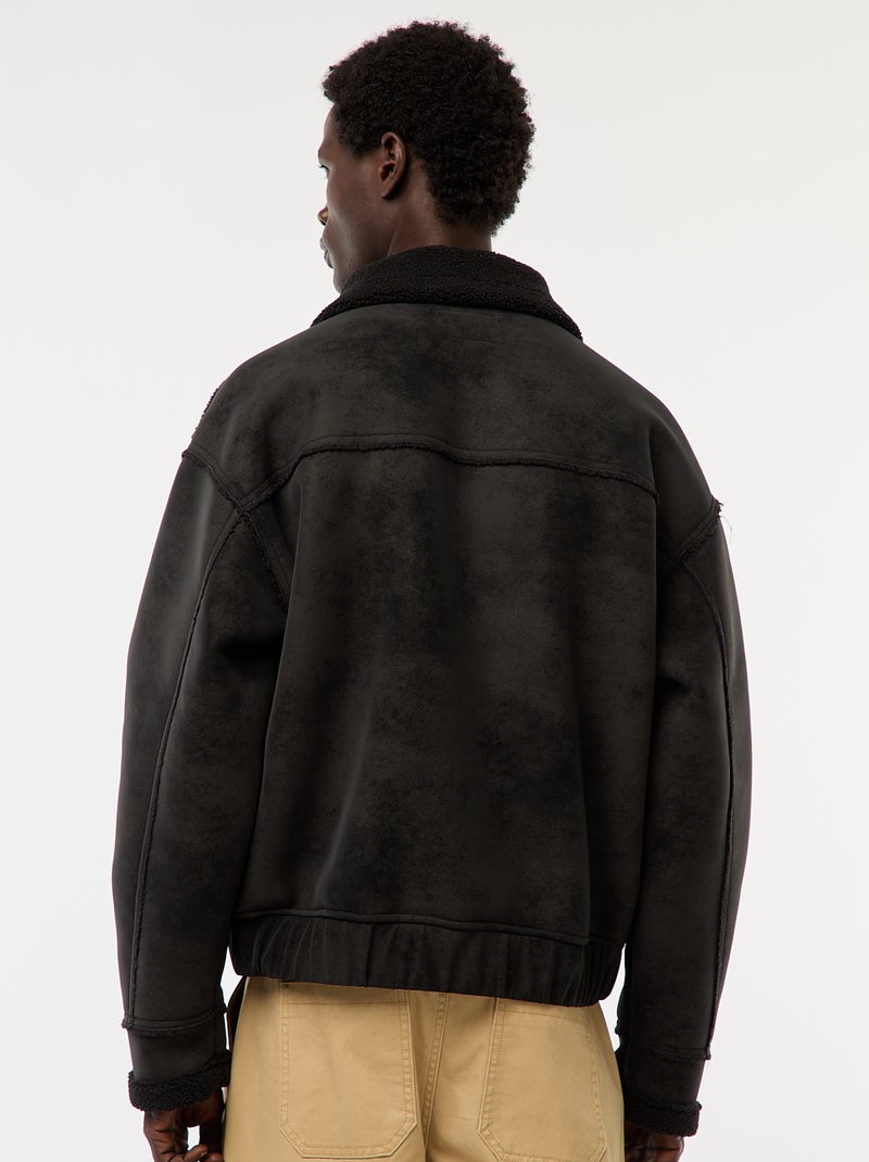 Giacca aviatore effetto pelle con collo effetto montone Nero - Kiabi