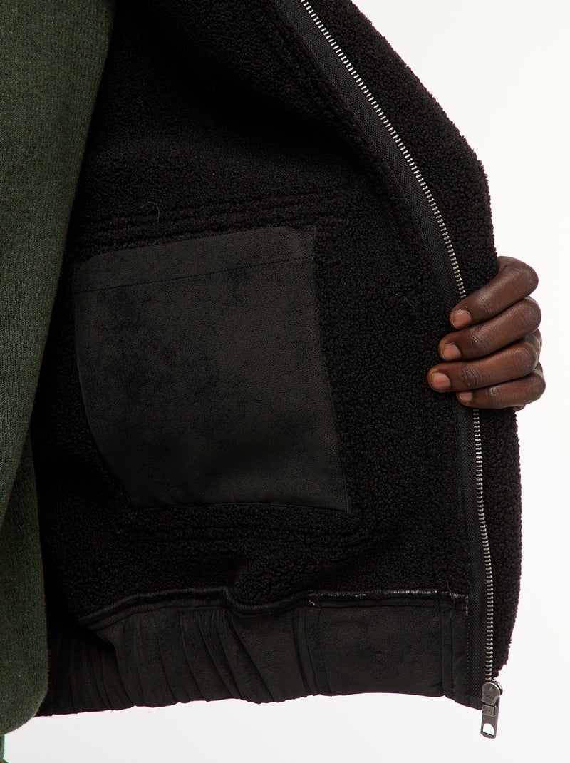 Giacca aviatore effetto pelle con collo effetto montone Nero - Kiabi