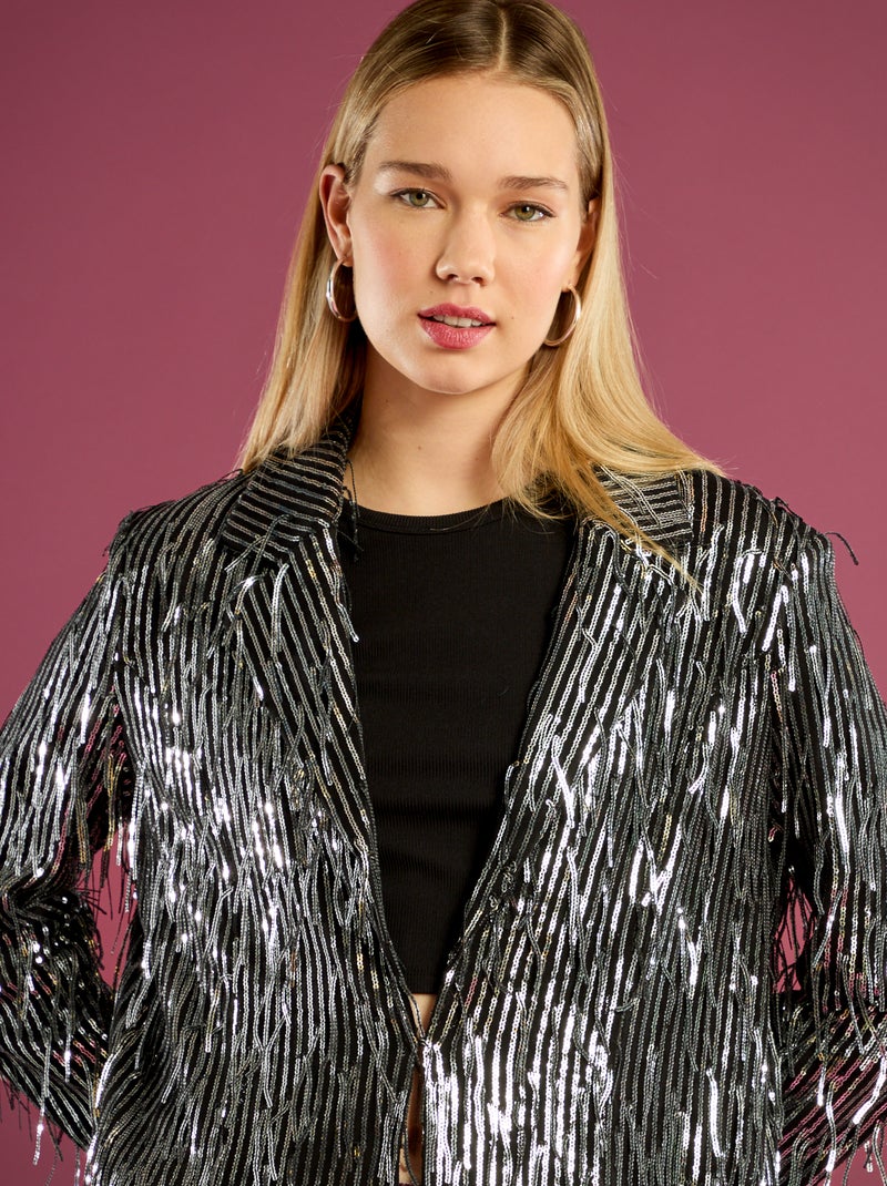 Giacca blazer con frange e paillettes Grigio - Kiabi