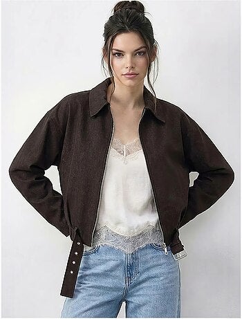 Giacca bomber oversize in denim con cintura lucci