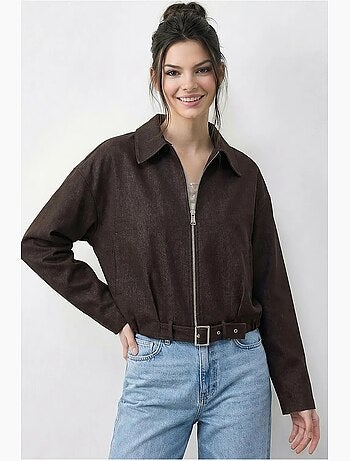 Giacca bomber oversize in denim con cintura lucci