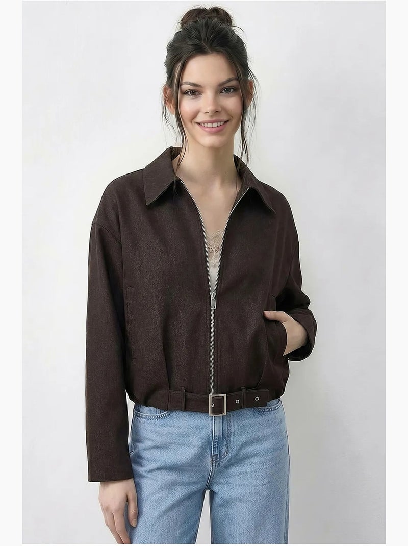 Giacca bomber oversize in denim con cintura lucci Marrone cioccolato - Kiabi
