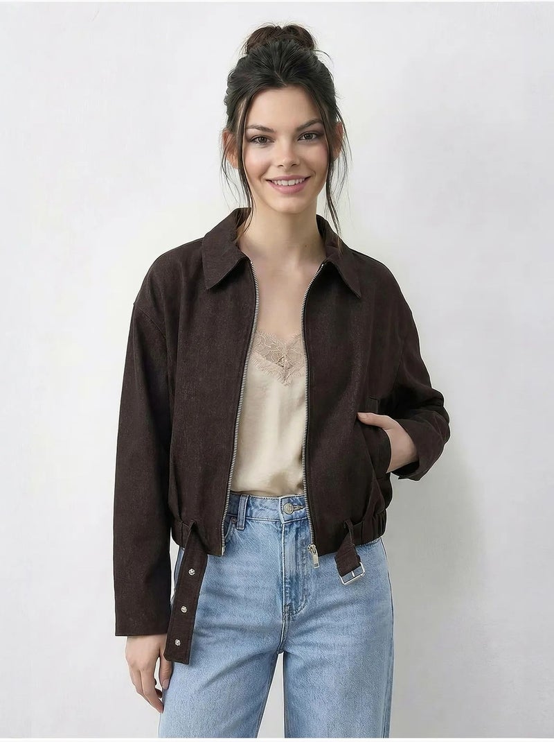 Giacca bomber oversize in denim con cintura lucci Marrone cioccolato - Kiabi