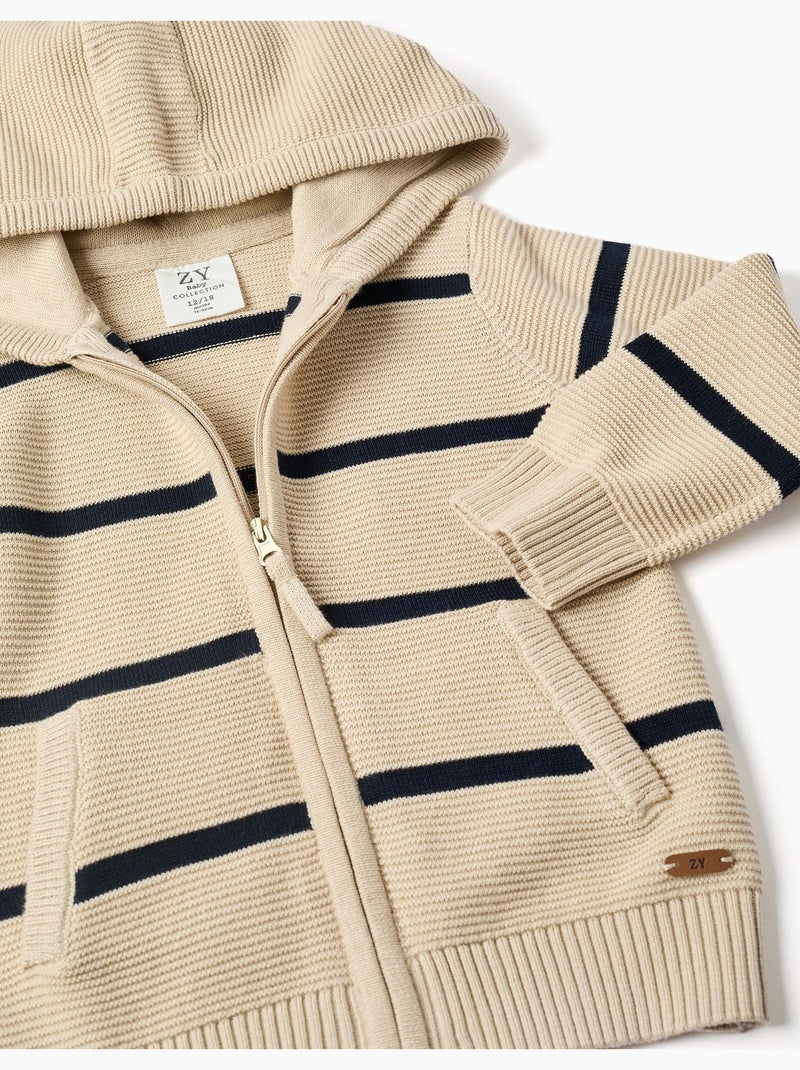 Giacca con cappuccio in maglia di cotone con righe Beige chiaro - Kiabi
