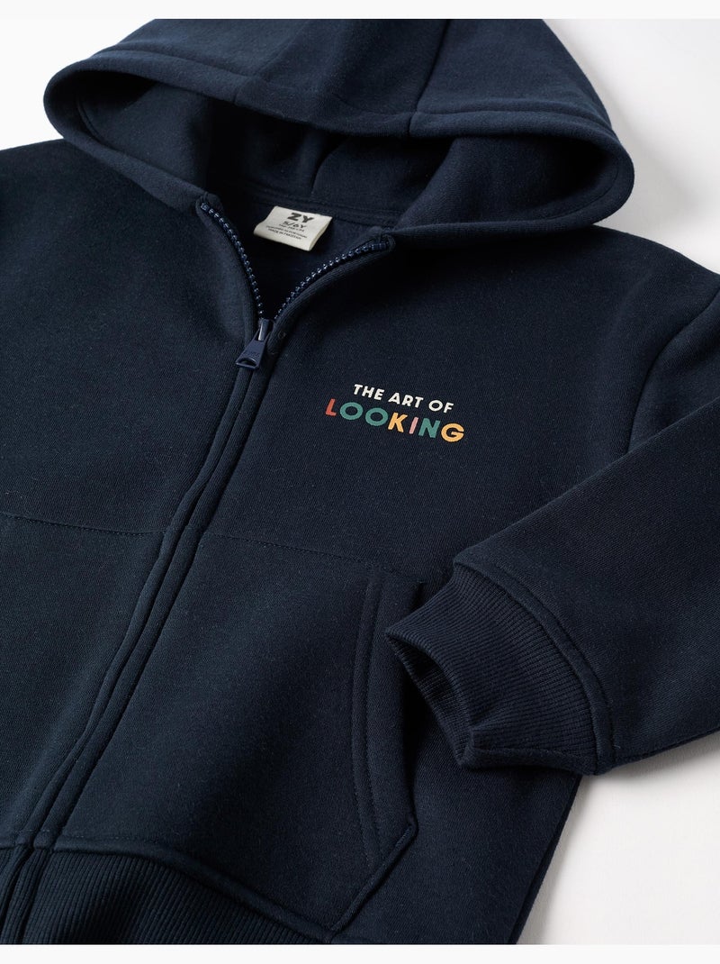 Giacca con cappuccio spazzolato con stampa Art of Looking Blu scuro - Kiabi