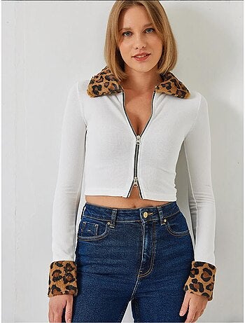 Giacca con cerniera in peluche leopardato lucci