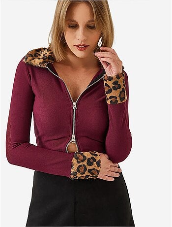 Giacca con cerniera in peluche leopardato lucci