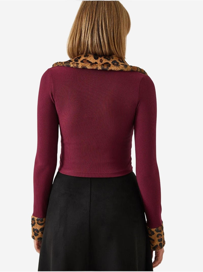 Giacca con cerniera in peluche leopardato lucci Rosso bordeaux - Kiabi