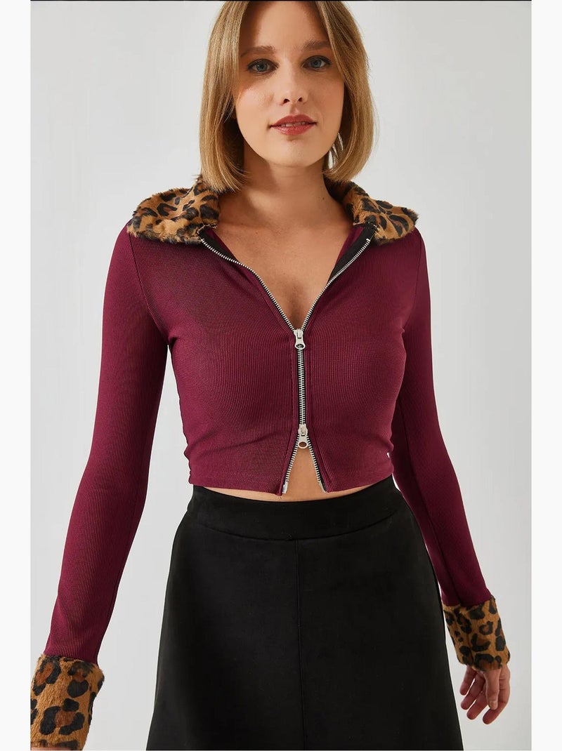 Giacca con cerniera in peluche leopardato lucci Rosso bordeaux - Kiabi