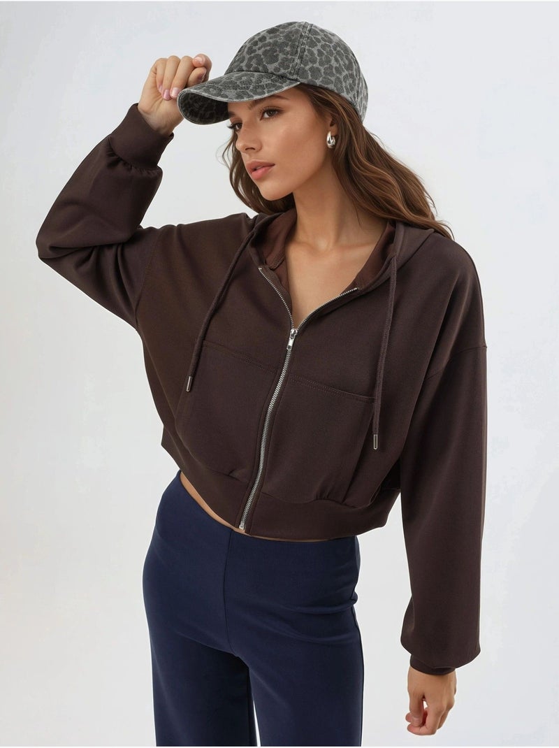 Giacca corta con cappuccio e zip busem Marrone scuro - Kiabi