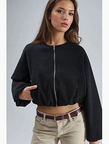 Giacca corta in gabardine con zip e tasca busem