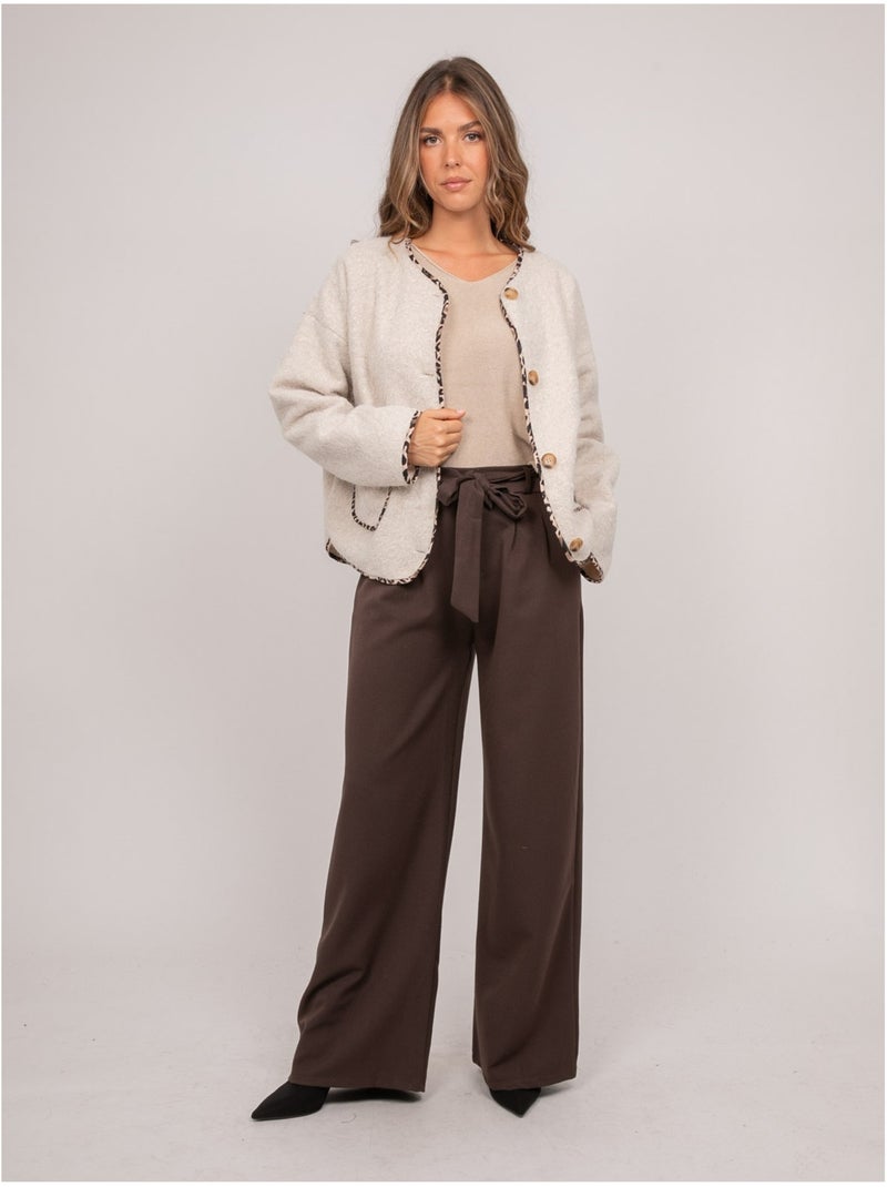 Giacca corta in tessuto bouclé con profili leopardati ubila Beige - Kiabi