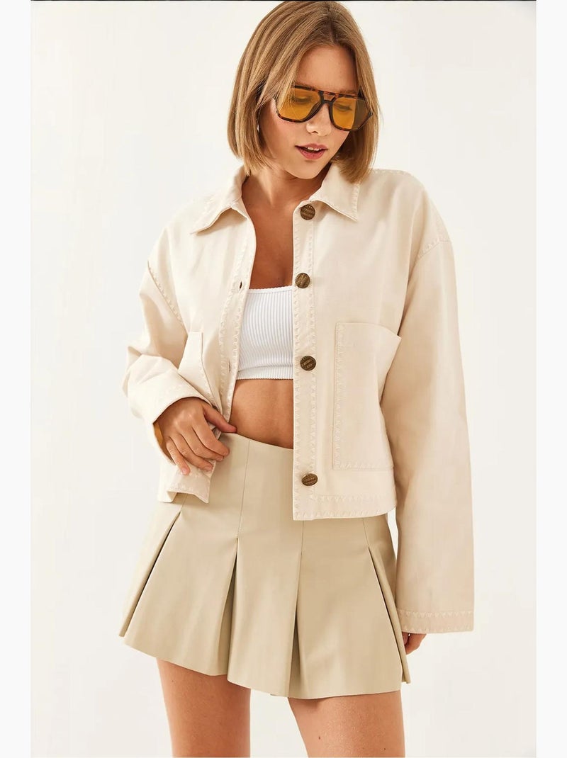 Giacca corta in tessuto con colletto a camicia ricamata lucci Beige argilla - Kiabi