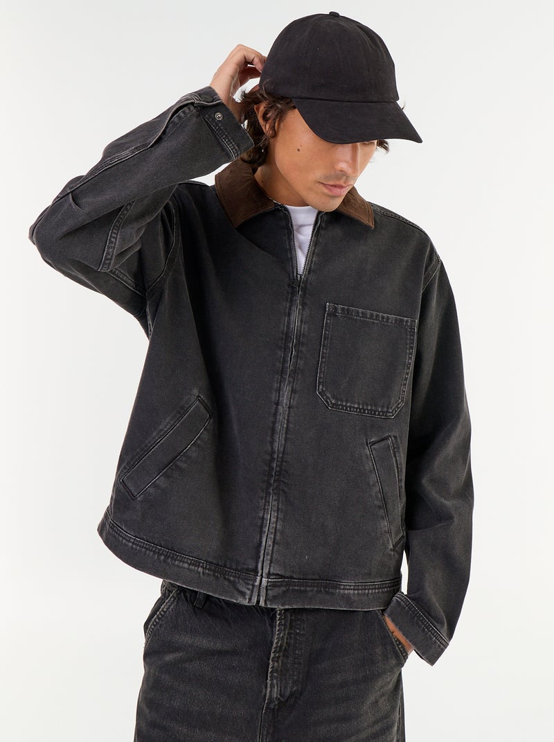 Giacca di jeans con collo in velluto a coste Nero - Kiabi