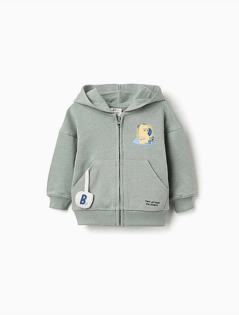 Giacca in cotone con cappuccio e orso stampato