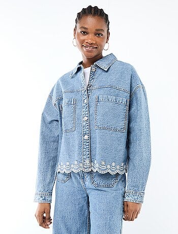 Giacca in denim abbottonata con ricamo in cotone tinta unita