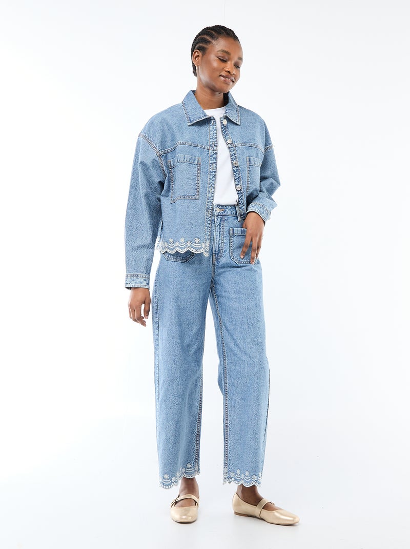 Giacca in denim abbottonata con ricamo in cotone tinta unita Blu - Kiabi