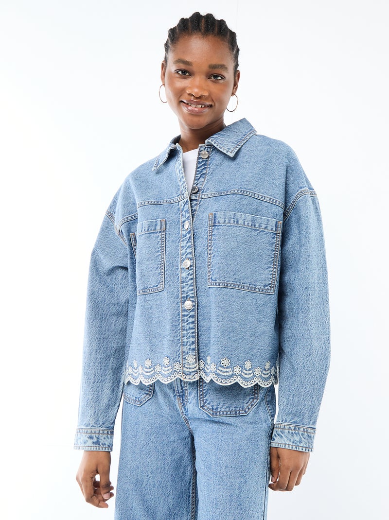 Giacca in denim abbottonata con ricamo in cotone tinta unita Blu - Kiabi