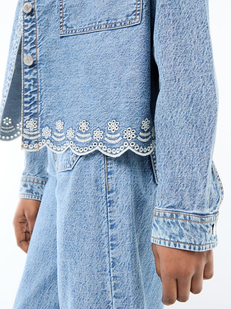 Giacca in denim abbottonata con ricamo in cotone tinta unita Blu - Kiabi