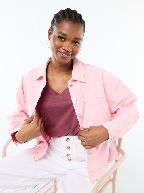 Giacca in denim abbottonata con ricamo in cotone tinta unita - Kiabi