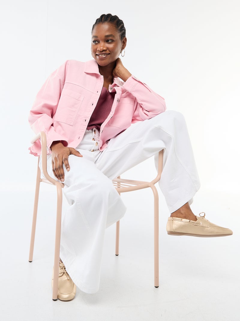 Giacca in denim abbottonata con ricamo in cotone tinta unita Rosa - Kiabi