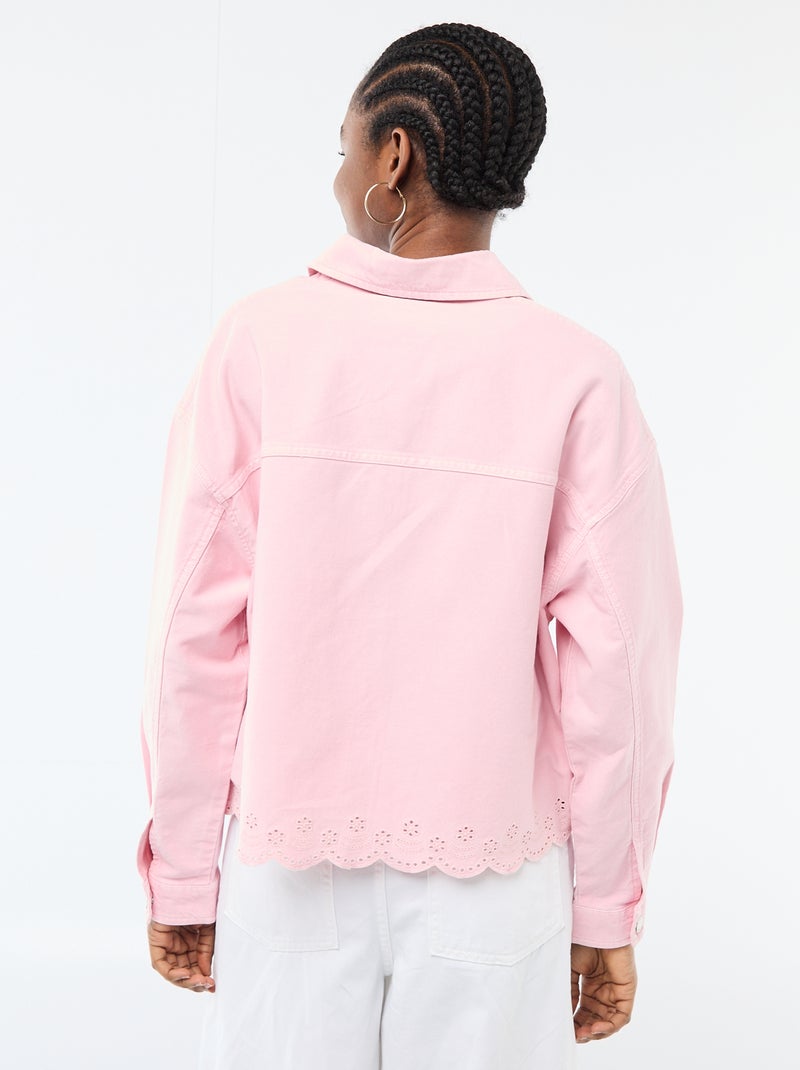 Giacca in denim abbottonata con ricamo in cotone tinta unita Rosa - Kiabi
