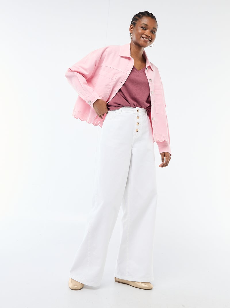 Giacca in denim abbottonata con ricamo in cotone tinta unita Rosa - Kiabi