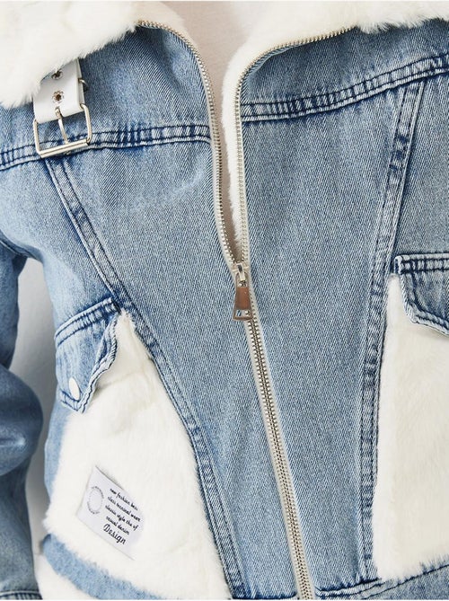 Giacca in denim con cintura in pelliccia sintetica lucci - Kiabi Giacca in denim con cintura in pelliccia sintetica lucci - Kiabi