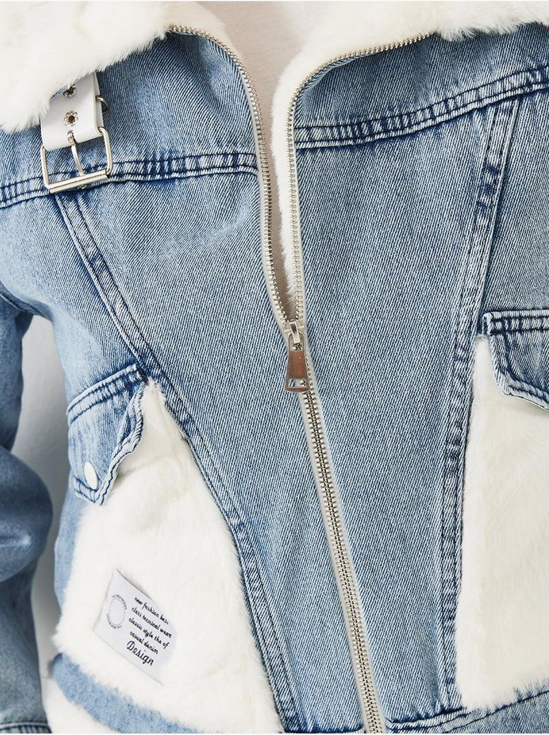 Giacca in denim con cintura in pelliccia sintetica lucci Blu chiaro - Kiabi