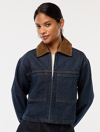 Giacca in denim con collo in tessuto a coste