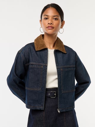 Giacca in denim con collo in tessuto a coste