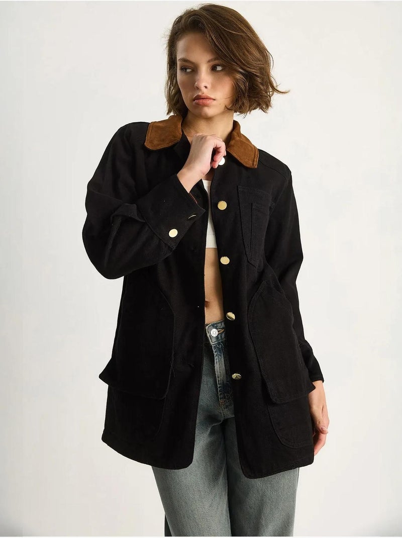 Giacca in gabardine con colletto in finta pelle scamosciata lucci Nero - Kiabi