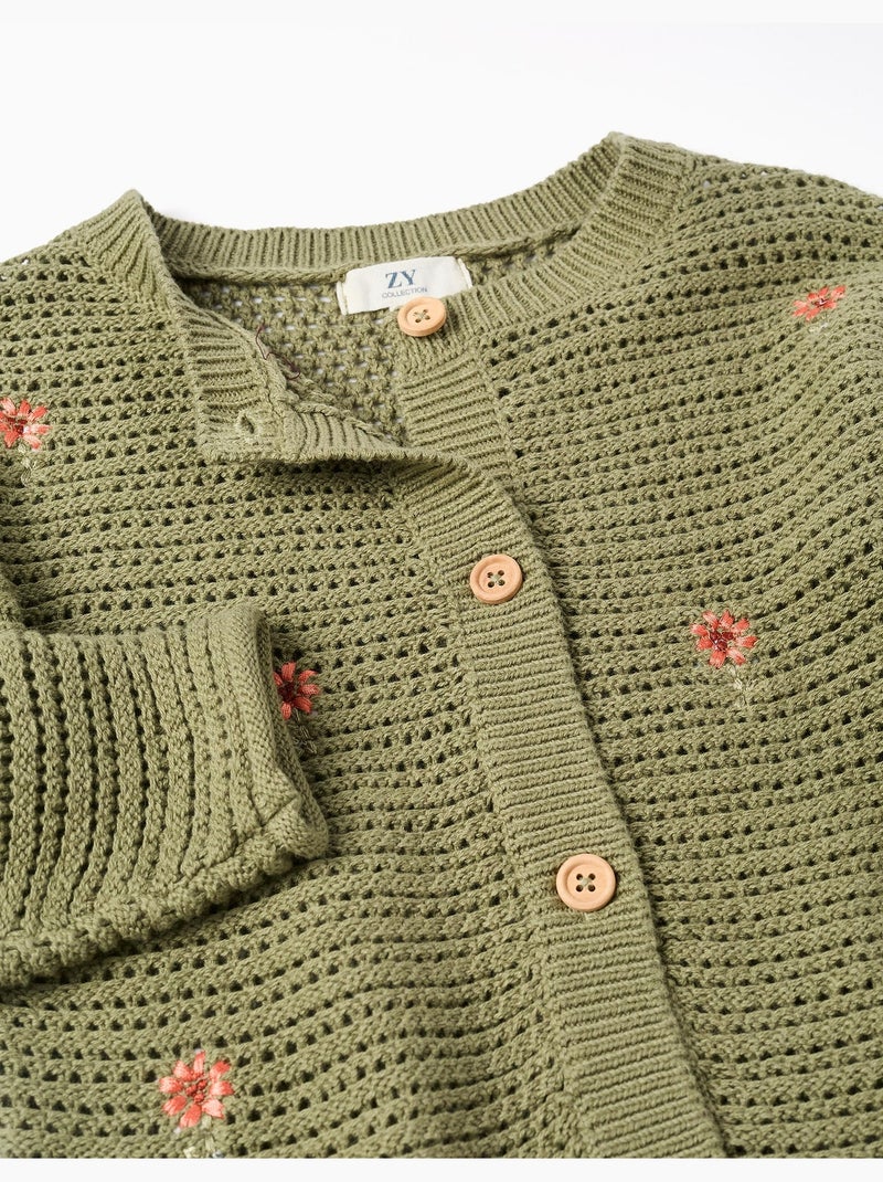 Giacca in maglia di cotone con fiori ricamati Verde scuro - Kiabi