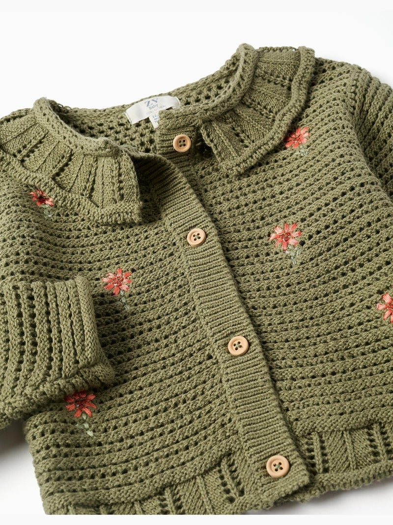 Giacca in maglia di cotone con fiori ricamati Verde scuro - Kiabi