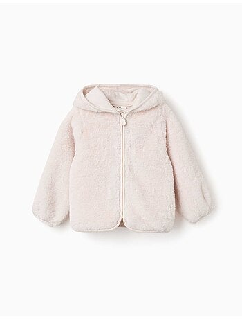 Giacca in peluche con cappuccio e cerniera frontale