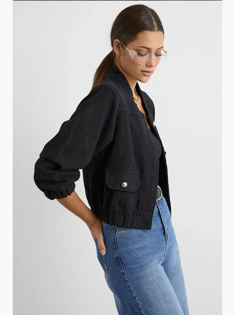 Giacca in tweed con scollo rotondo e dettaglio tasca hiccup Nero - Kiabi