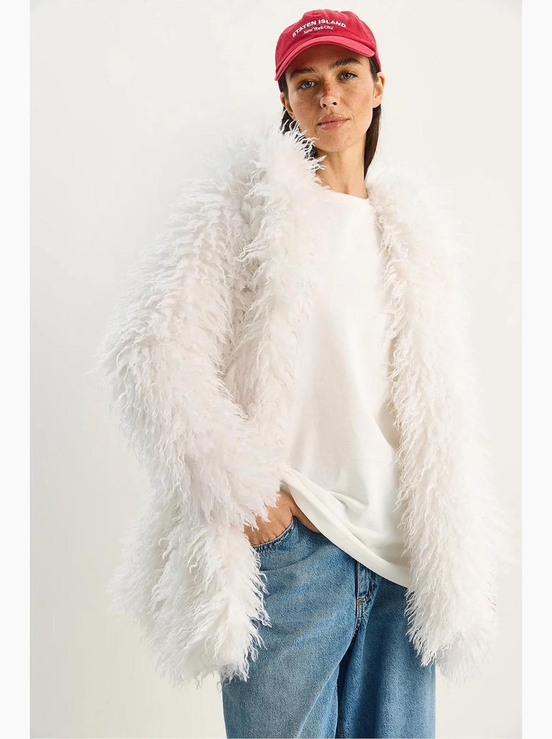 Giacca oversize con cappuccio in pelliccia sintetica lucci Bianco - Kiabi
