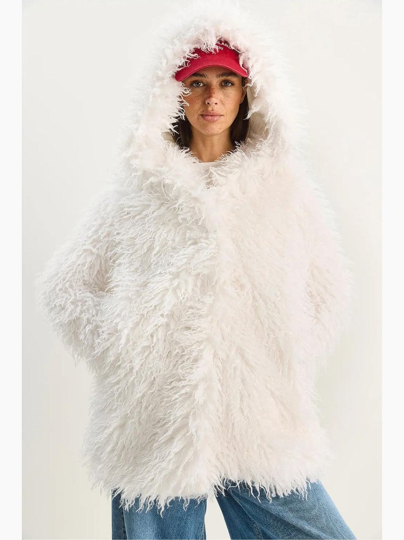 Giacca oversize con cappuccio in pelliccia sintetica lucci Bianco - Kiabi